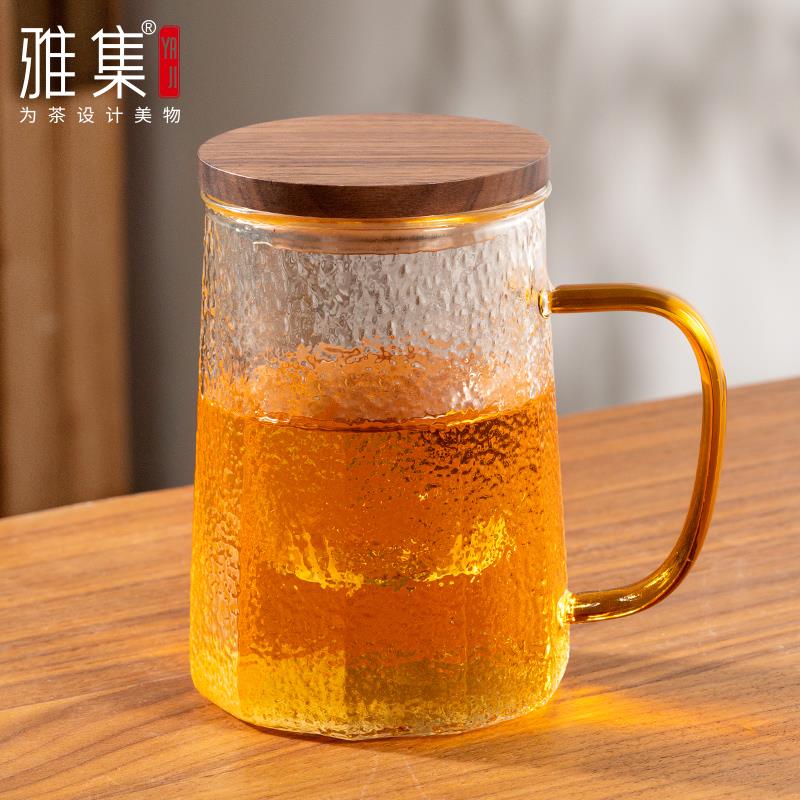 雅集茶具筑茗杯胡桃木盖复古玻璃杯耐高温泡茶杯家用办公水杯子