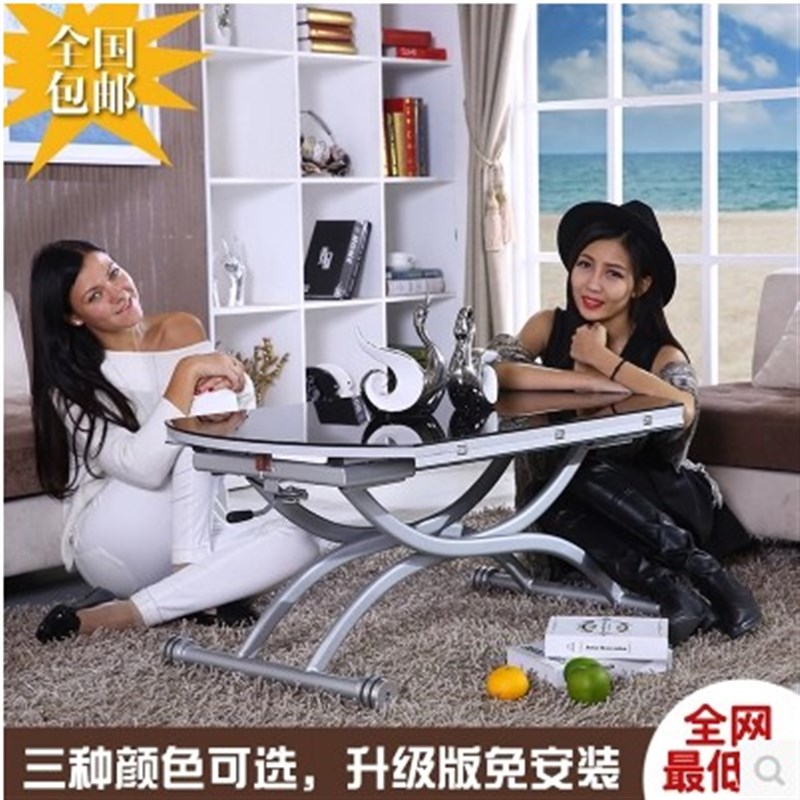 小户型包邮圆形多功能钢化玻璃折叠伸缩升降几变餐桌两用茶几创意