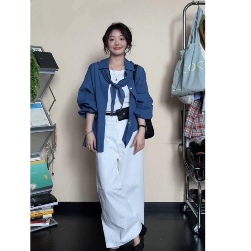 2025春夏女款256030披肩加宽宽松格子蓝衬衫上衣