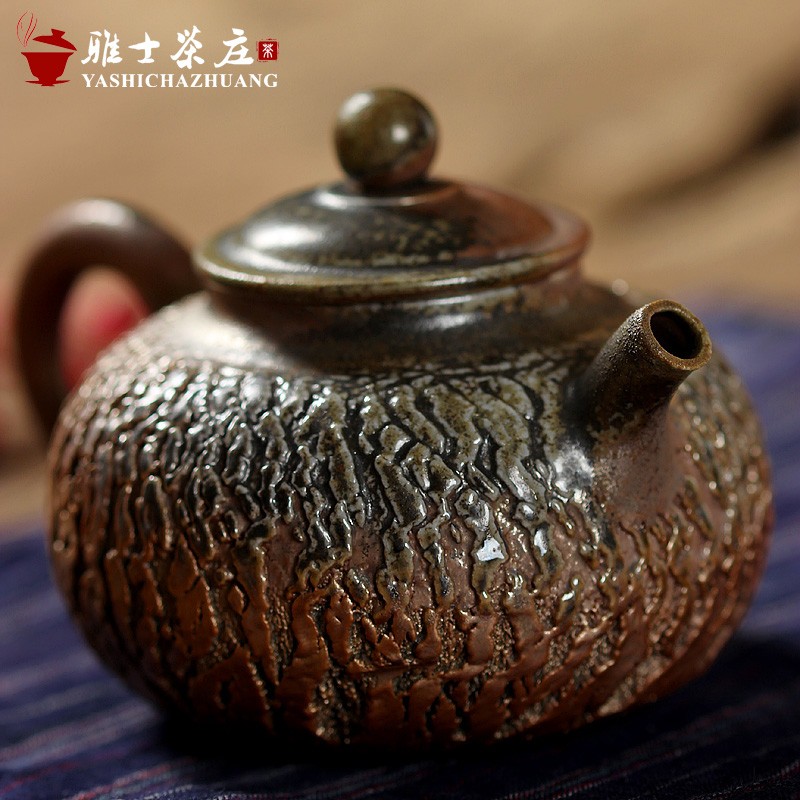 柴烧爆裂茶壶杯茶具纯手工拉胚天然柴火痕自然落灰球孔泡茶壶可养