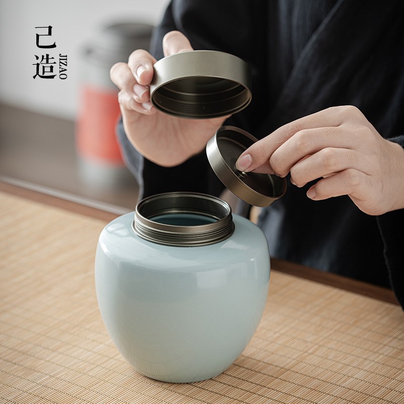 己造 汝窑茶开片叶罐密封陶瓷双盖吸力密封高白瓷茶罐空罐家用