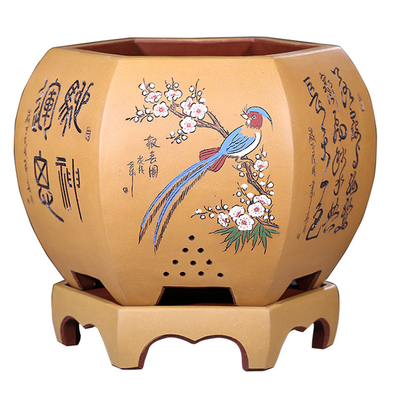宜兴紫砂盆精品花盆特大号手工六方花盆君子兰花盆大型盆景花盆