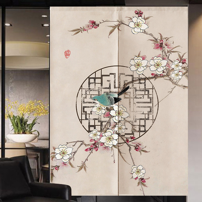 新中式门帘水墨画荷花过道玄关客厅卧室厨房隔断帘布艺门帘魔术贴