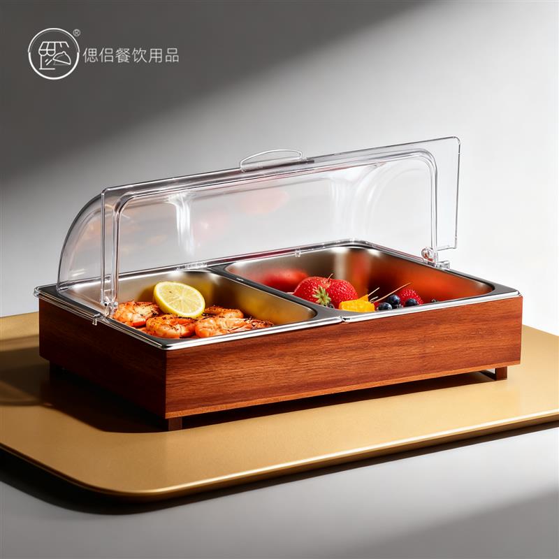 酒店自助餐食物展示托盘304不锈钢盆六格调料盒子带防尘罩透明盖
