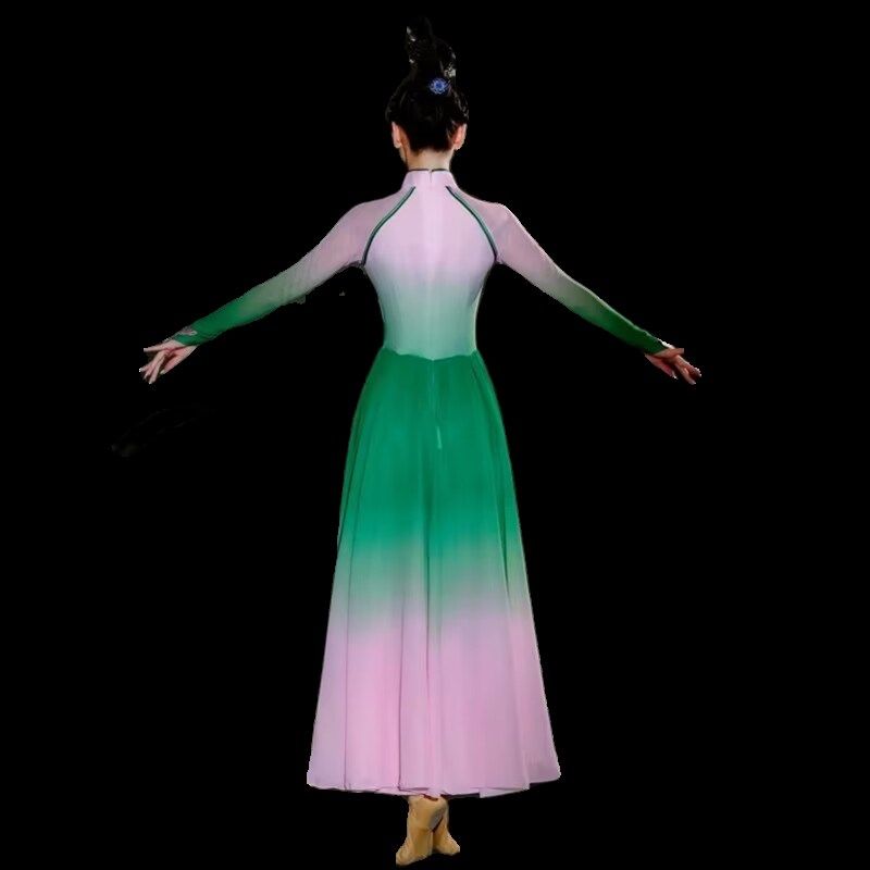 中国风旗袍领秧歌服古典舞蹈服飘逸长袖舞台跳舞演出服女连衣裙女