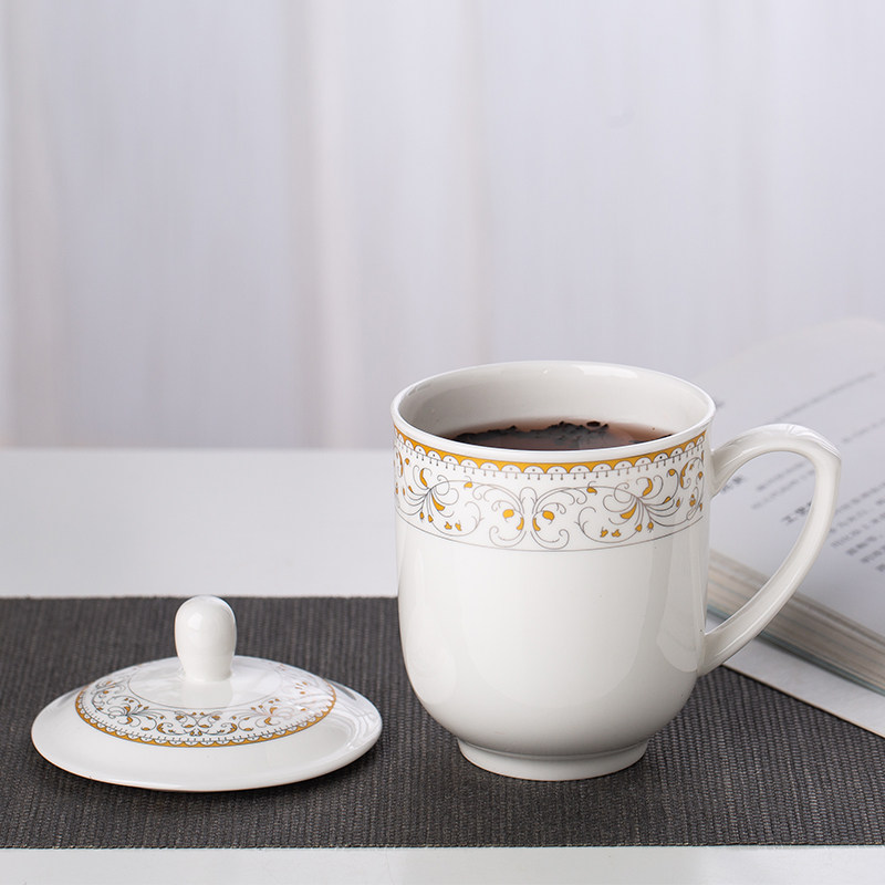 泡茶杯陶瓷茶杯带盖骨瓷水杯景德镇家用办公会议金边杯子可定制
