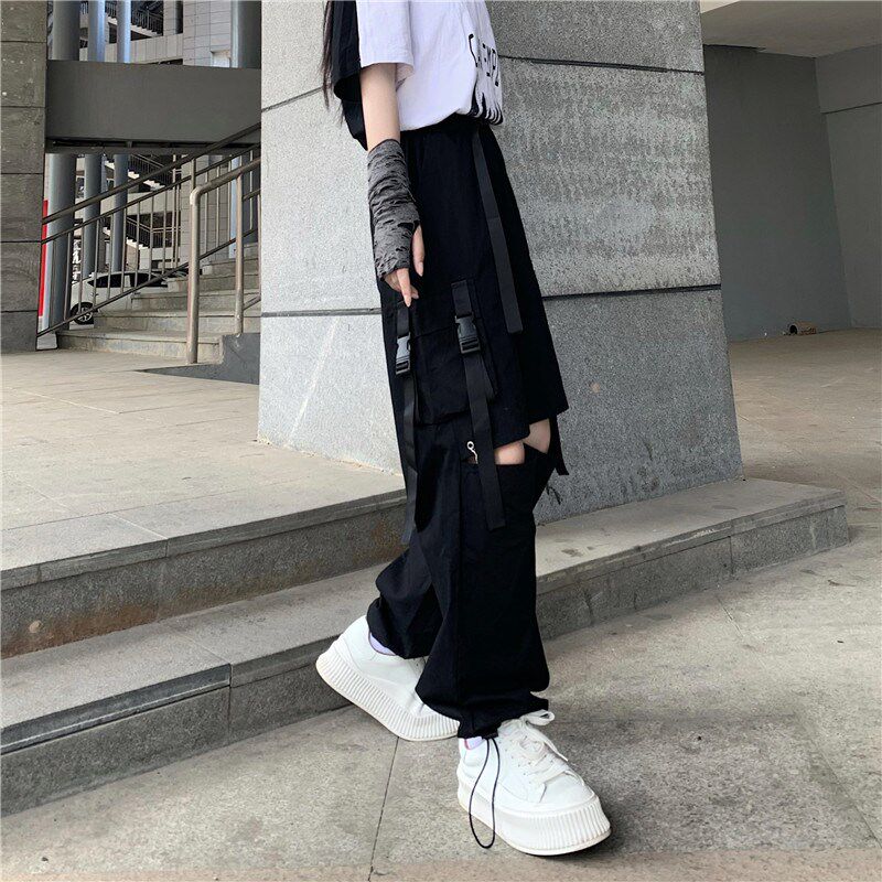 裤子女2024夏季bf风多口袋高腰破洞宽松阔腿可调节束脚飘带工装裤