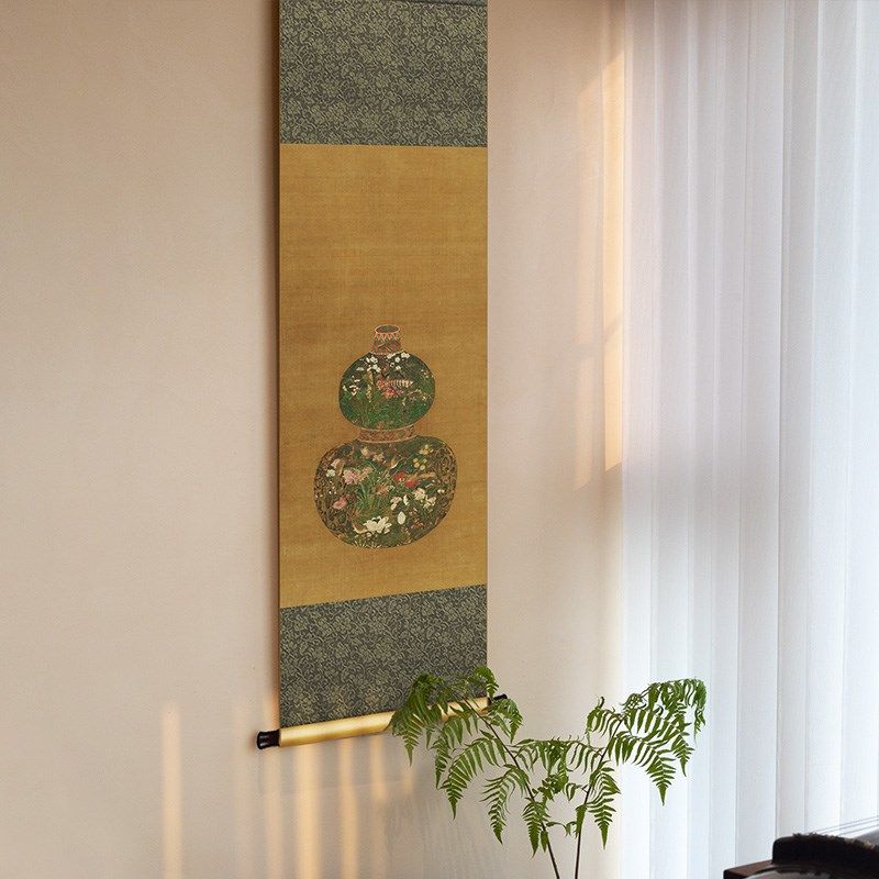元代陈琳葫芦花瓶图中式客厅书房复古卷轴挂画茶室餐厅过道装饰画