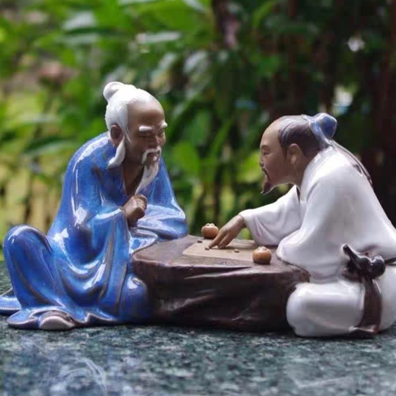 石湾公仔陶瓷围棋雅趣盆景创意摆件书房客厅家居饰品老人下棋子