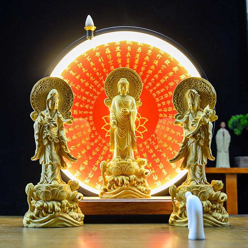 西方三圣禅意摆件黄杨木家用观音菩萨阿弥陀佛大势至菩萨木雕佛像