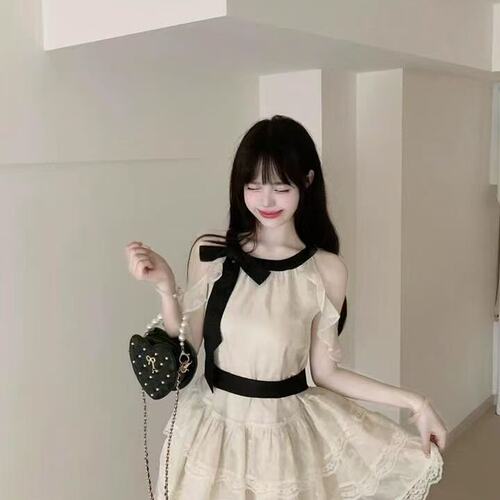 韩系氛围感穿搭法式露肩连衣裙女夏新款生日小礼服高级感蛋糕裙子