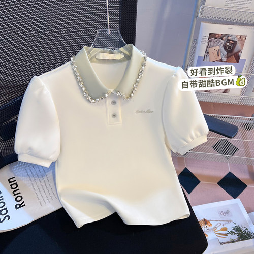 实拍重工拼接假两件polo领短袖T恤女2026新款学院风小个子短上衣