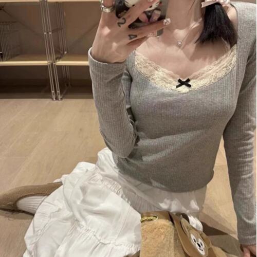 秋冬新款灰色高级感蕾丝长袖打底衫女小香风内搭方领T恤纯欲上衣