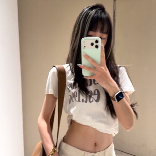 新款欧美小众薄款棉长袖1996字母印花圆领修身T恤上衣女