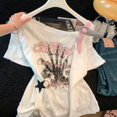 实拍韩系别致减龄圆领露肩慵懒风气质时尚高级上衣