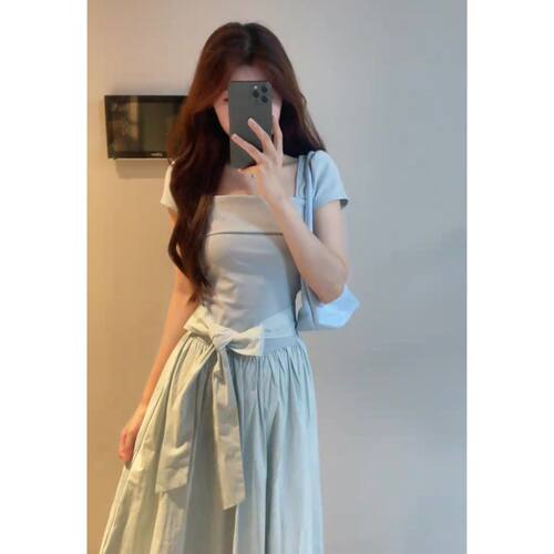 法式温柔风方领短袖连衣裙女2026夏季新款收腰系带长裙巨好看裙子