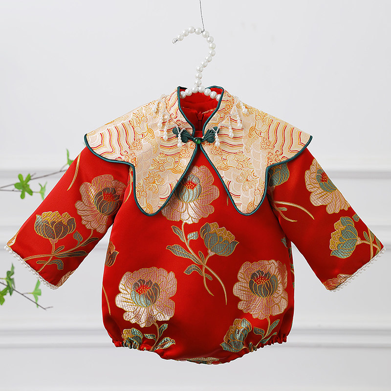 一周岁礼服女宝宝唐装中式婴儿抓周宴儿童旗袍包屁服红色高端夏季