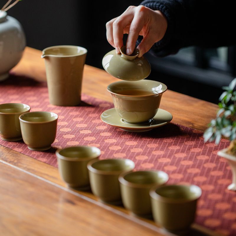 定窑黄折枝盖碗套装中式复古风家用客厅茶具茶杯功夫茶具泡茶整套