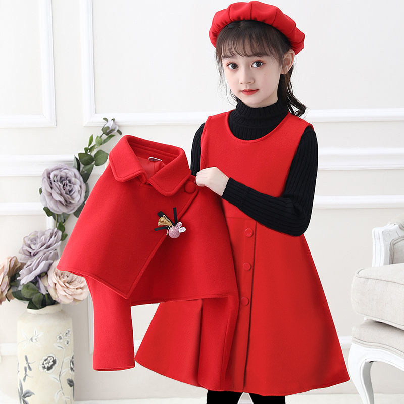 女童公主裙秋冬新款儿童加厚毛呢裙子套装洋气连衣裙秋装女孩裙子