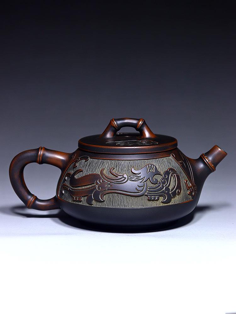 竹节石瓢壶藏福钦州坭兴陶茶壶纯手工茶具浮雕精品名家993