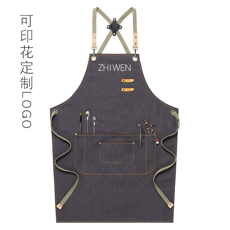 牛仔围裙理发店发型师奶茶店咖啡师围裙定制logo印字围裙工作服