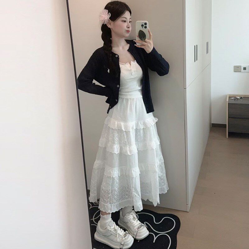 白色蛋糕裙女半身裙2024年夏季新款薄高腰a字芭蕾风气质蓬蓬长裙