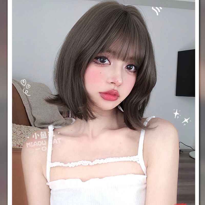 一口喵假发女日常网红短发新款自然逼真齐刘海全头套式【小鱼丸】