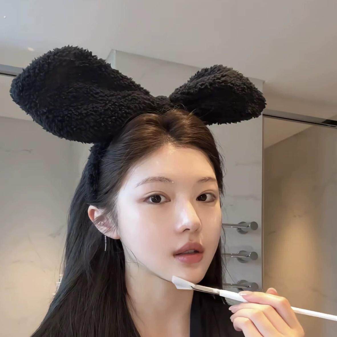 私藏!黑色可爱立体羊羔绒大兔耳朵发箍发卡洗脸发带居家小众发饰