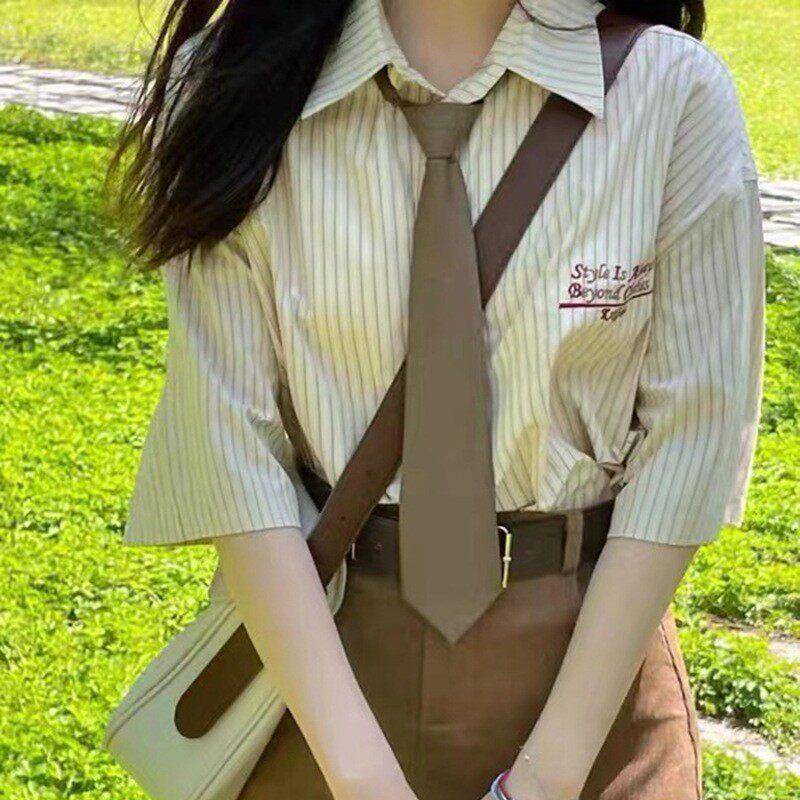 卡其色领带棕色覆古咖啡色杏色免打懒人格子手打领带女长款学院风