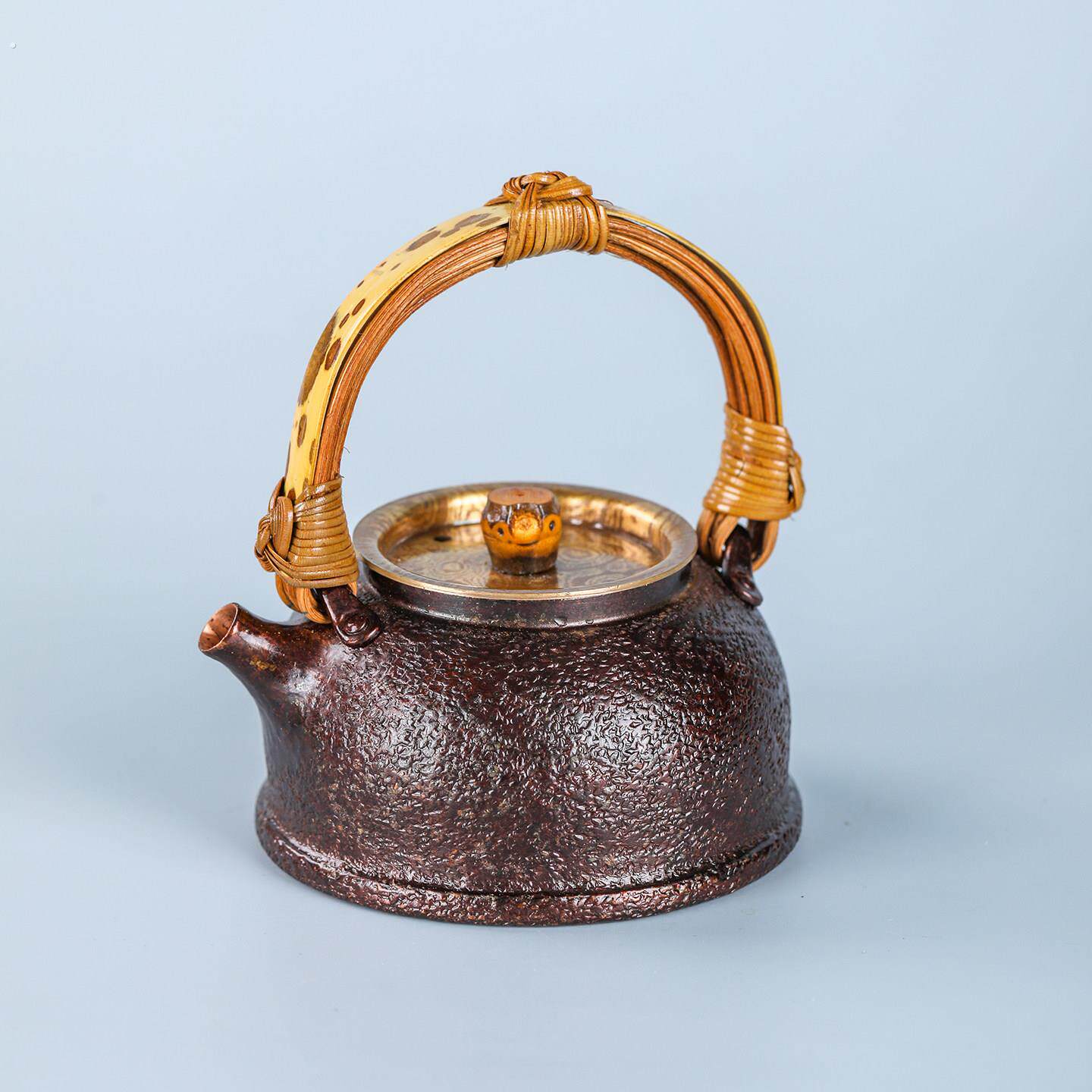 紫铜茶壶中式竹编提手锤纹提梁壶手工泡茶壶煮茶日式茶道配件茶具
