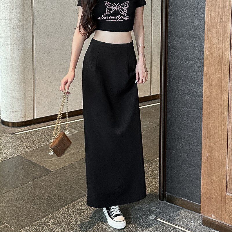 西装半身裙女黑色长款高腰薄款长裙垂感直筒裙百搭显瘦开叉一步裙