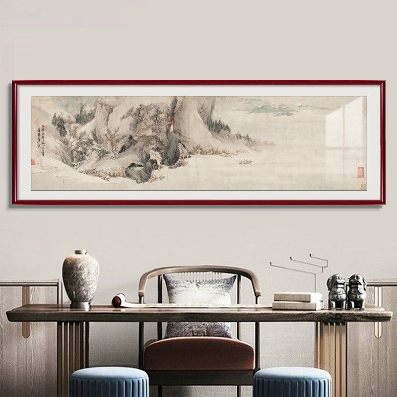 唐伯虎山水画客厅装饰画新中式沙发背景墙壁画办公室茶室国画挂画