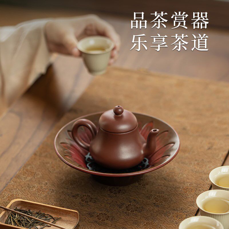 紫铜莲花壶承高端纯铜紫砂壶养壶托盘中式复古干泡茶台家用茶壶垫
