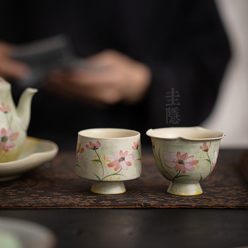 圭隐堂粉引手绘格桑花陶瓷女士功夫茶杯家用主人杯品茗杯个人单杯