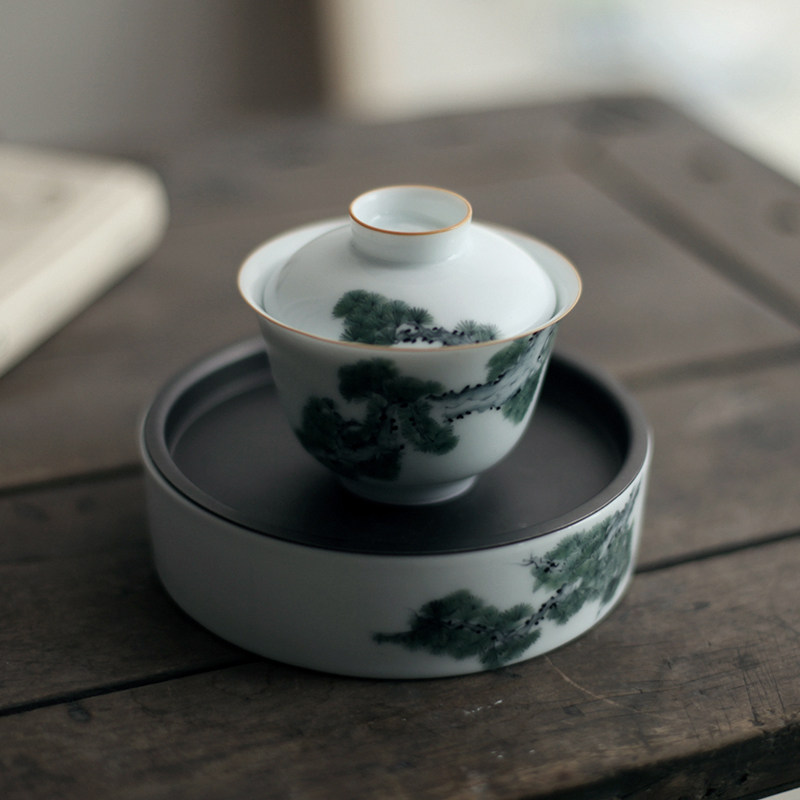 多人复古茶器景德镇陶瓷手绘盖碗家用客厅茶碗中式釉下彩茶具套装