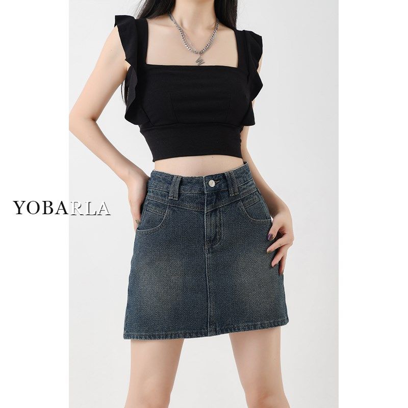 复古高腰牛仔短裙女夏季大码显瘦胖mm遮肚子梨形身材a字半身裙子