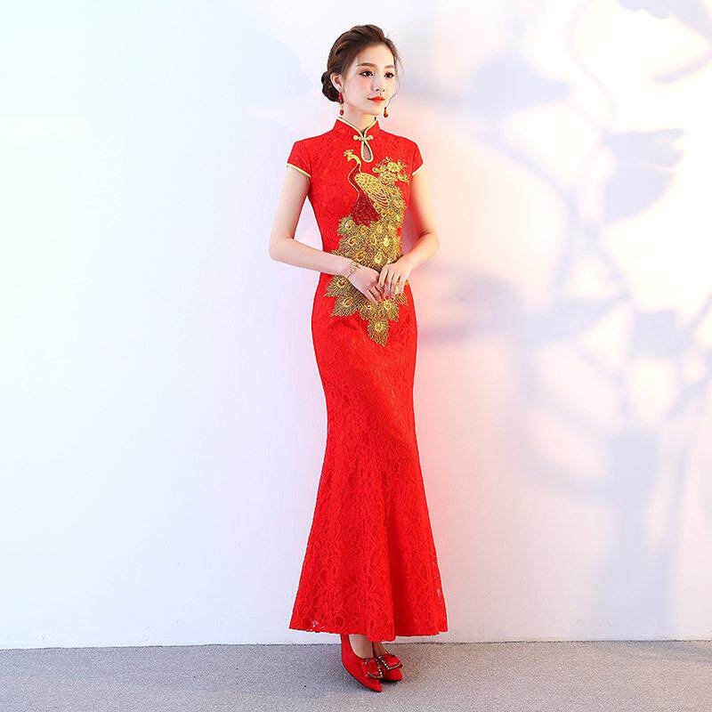 孔雀中国风蕾丝鱼尾长旗袍2020新短袖婚礼宴会礼服显瘦敬酒服大码