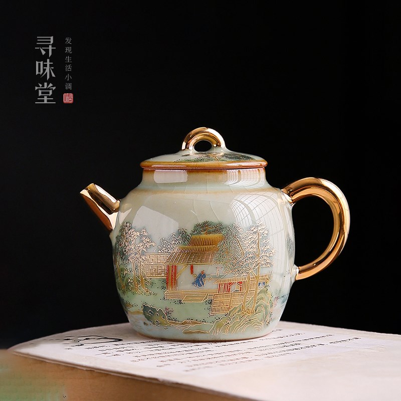 青玉汝窑精工堆金茶壶高档复古小容量李辉熠手工壶陶瓷茶具单壶