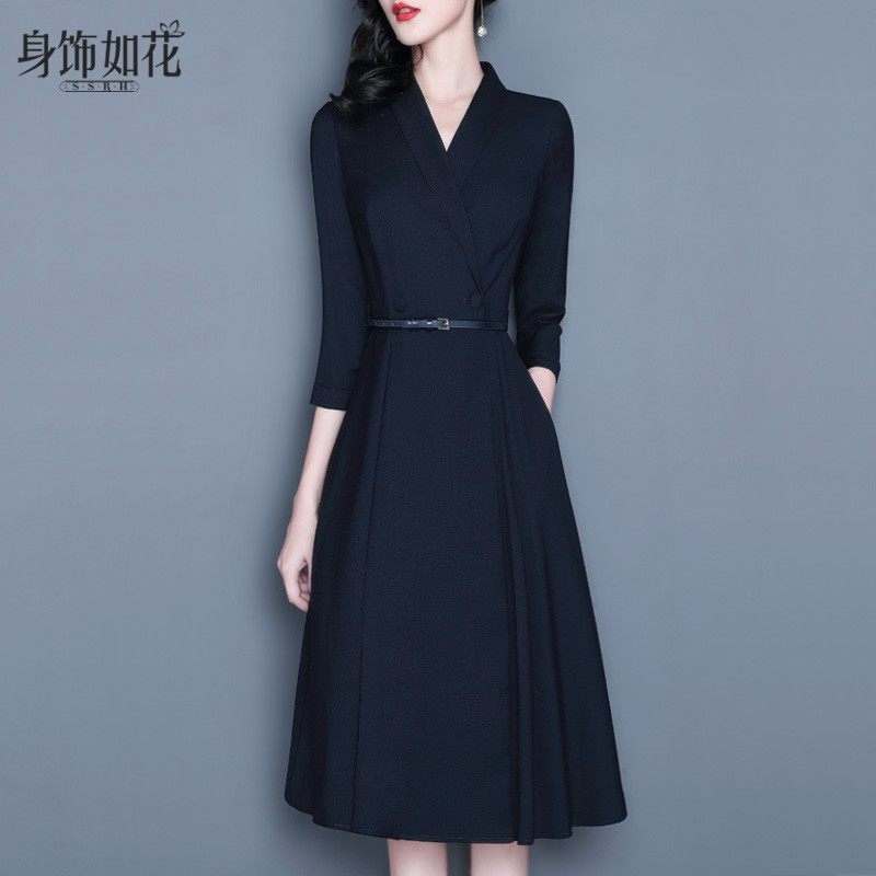 西装连衣裙2021秋冬新款淑女装气质修身A字裙七分袖深蓝色大摆裙