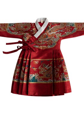 男童汉服飞鱼服中国风宝宝周岁礼服中式抓周男宝红色织金马面龙袍