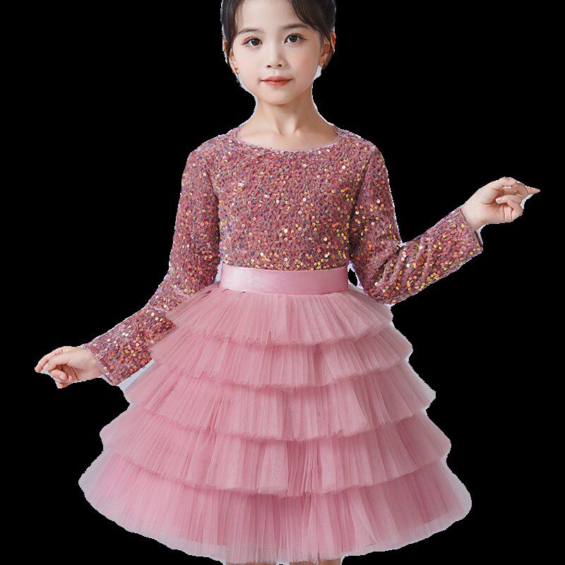 女童生日礼服秋冬长袖公主裙钢琴演出蓬蓬纱裙儿童粉色亮片蛋糕裙