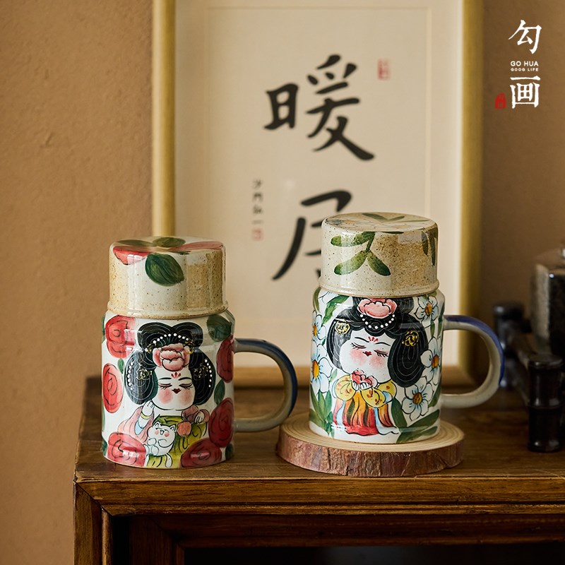 景德镇手绘唐美人小暖壶马克杯办公室闷茶壶陶瓷家用粗陶国潮水杯