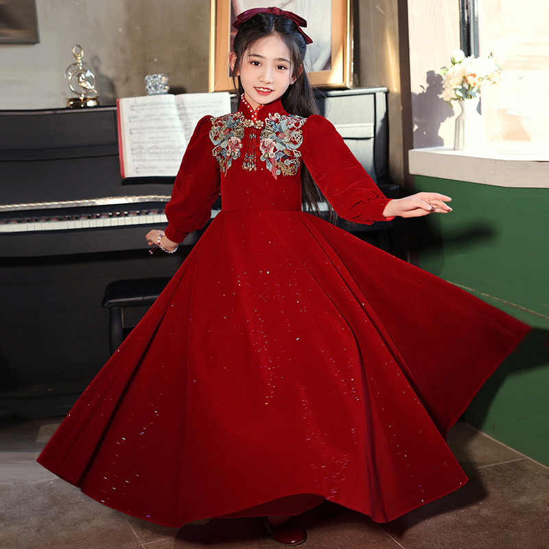 女童礼服红色中式儿童高端公主裙长款新年小女孩主持人演出服秋冬