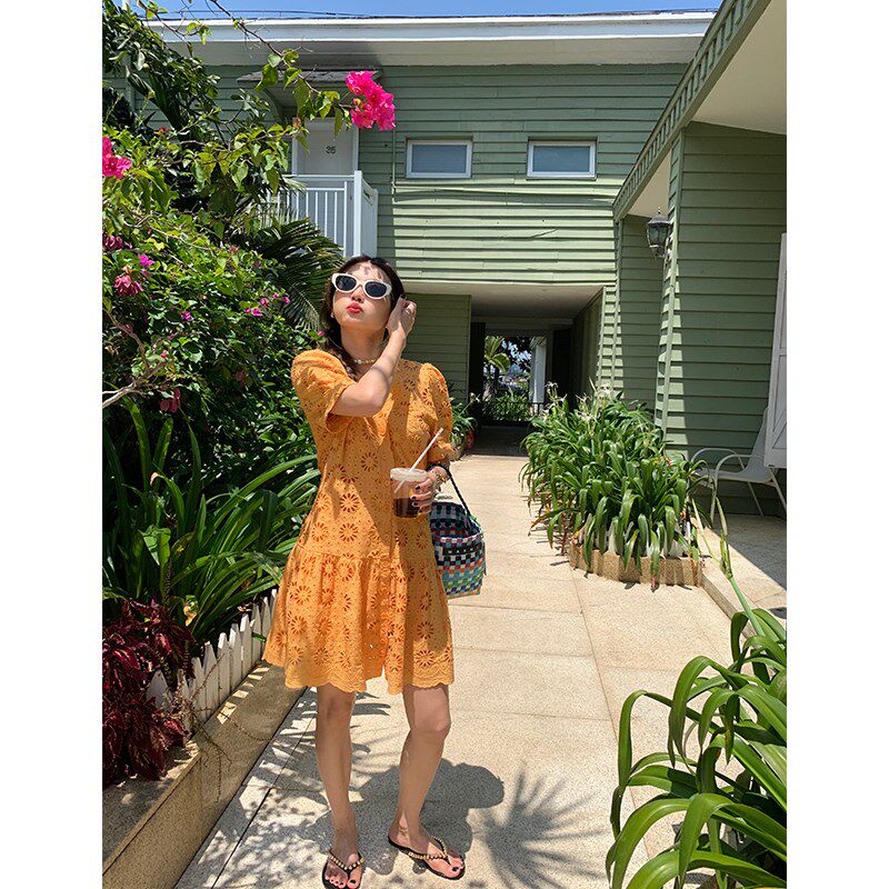 落落狷介 衬衫式连衣裙女夏季新款短袖V领蕾丝衬衫裙女小个子短裙