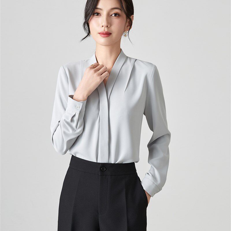 春秋新款高级感浅灰蓝色职业衬衫衬衣上衣长袖无领V领内搭女
