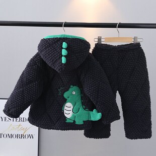 儿童睡衣冬款珊瑚绒三层加厚夹棉男中小童孩子宝宝恐龙家居服带帽
