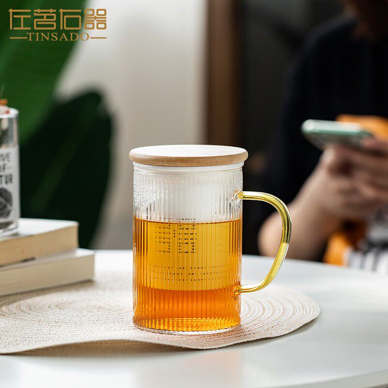 左茗右器玻璃杯把手办公室茶水分离泡茶杯过滤带盖把水杯子大容量