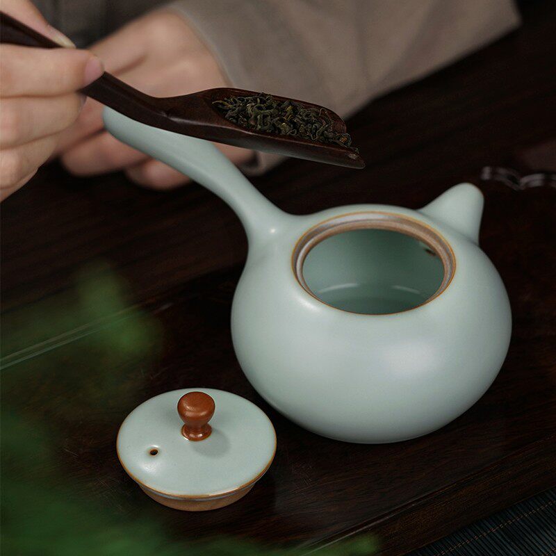 汝窑侧把壶单壶原矿冰裂釉陶瓷景德镇茶壶泡茶家用简约青瓷唐羽壶