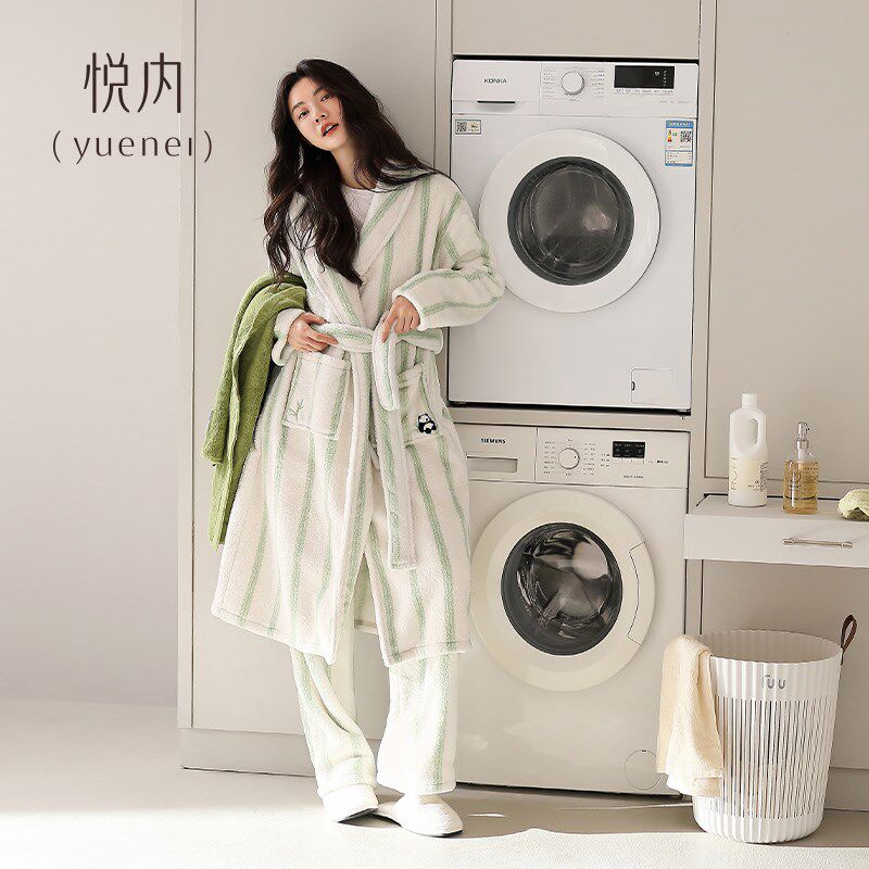 悦内睡袍女睡衣秋冬季冬款珊瑚绒加绒加厚法兰绒保暖长款两件套装