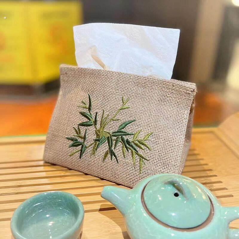中国风茶室抽取式卫生纸盒复古黄麻中号纸巾袋刺绣中餐厅纸巾收纳